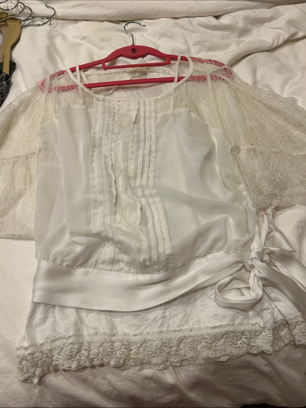 Double Zero Cream Lace Sleeve Tie-Accent Blouse white camisole underneath